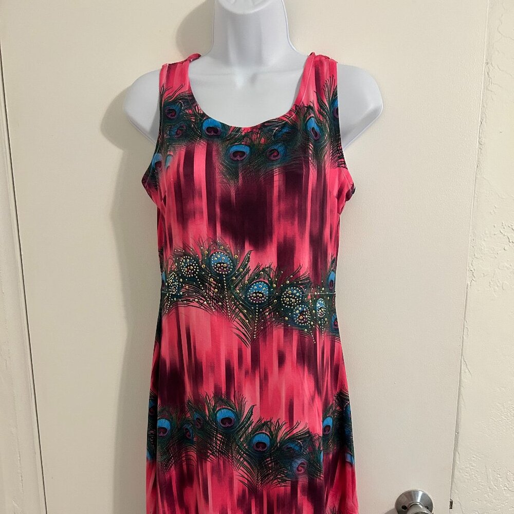 Pink & Multi Color Peacock Dress Size Small Sundress, Beach, Casual, F1 - Picture 1 of 4